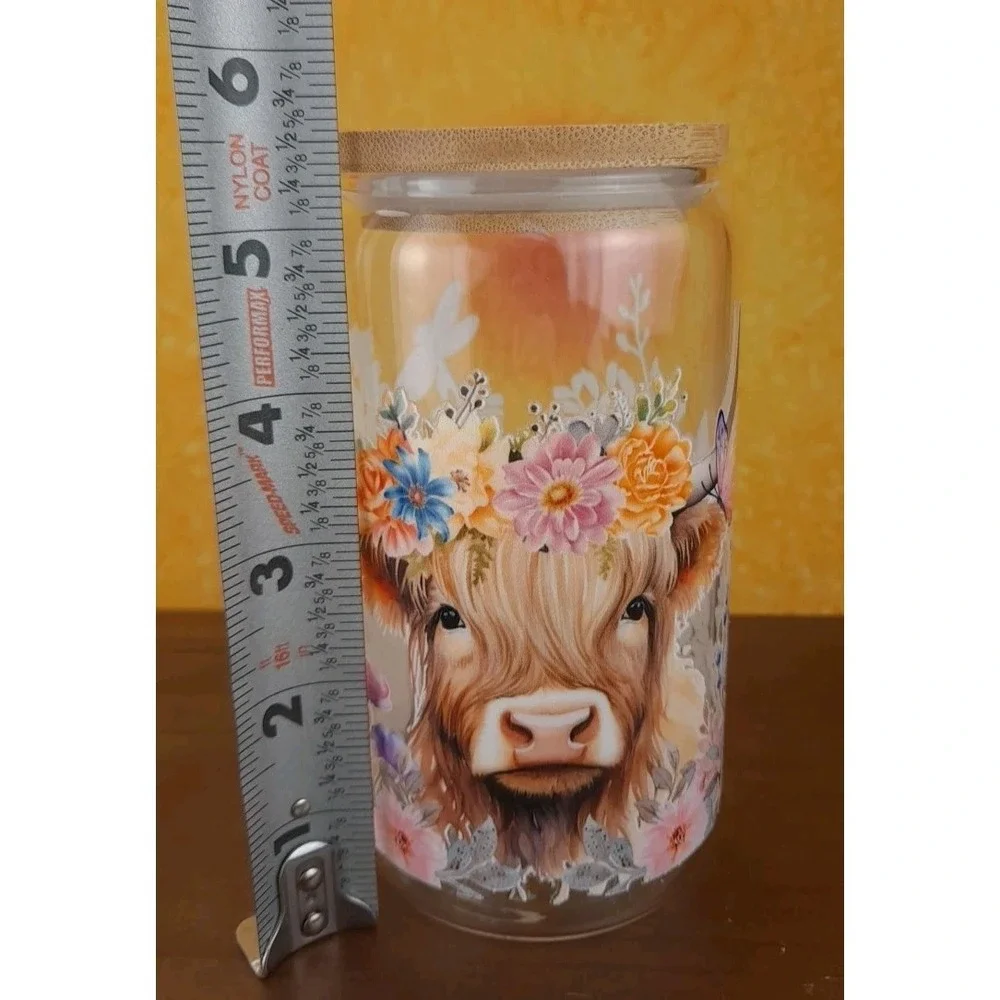 Midland Brown Cow With Wildflowers 12oz Frosted Glass Tumbler With Straw‎